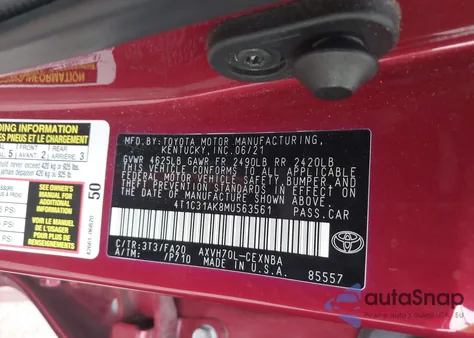 2021 Toyota Camry Le Hybrid z USA, uszkodzony, nr VIN 4T1C31AK8MU563561